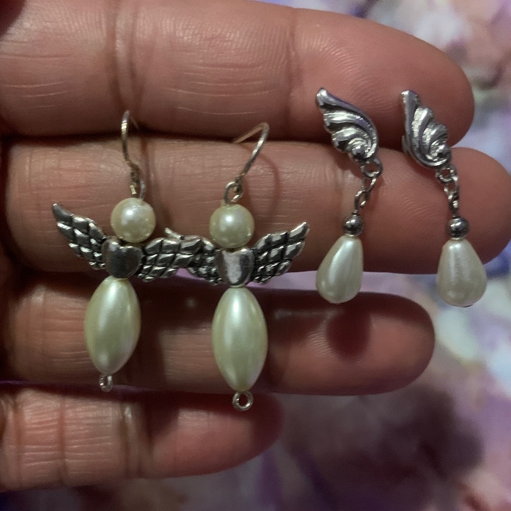 Elegant Silver and Pearl Angel Wing Earrings